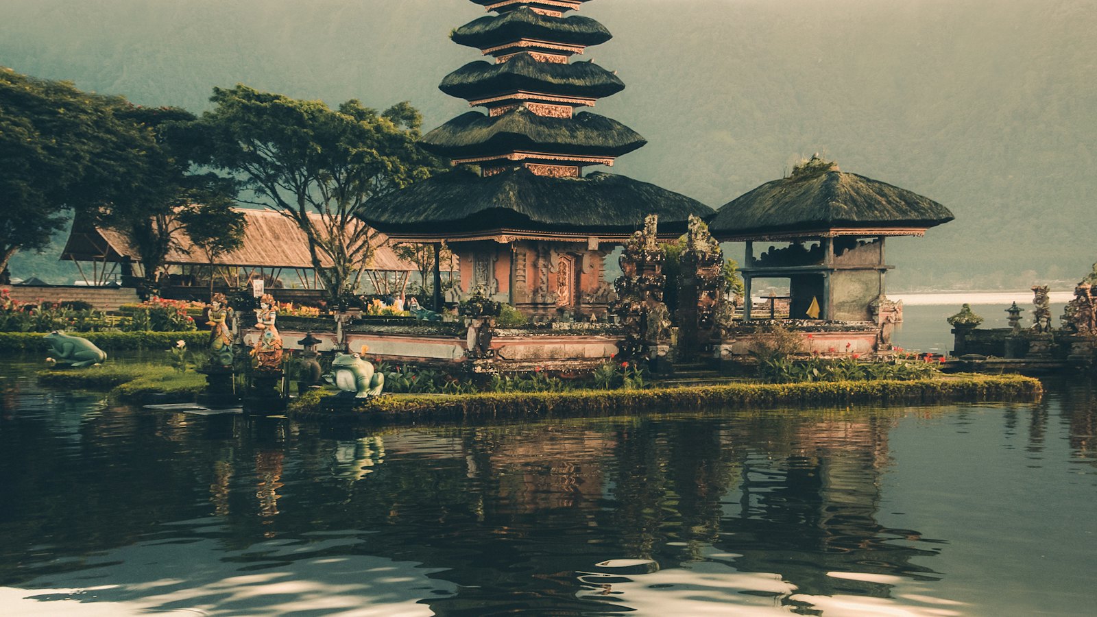 Pura Ulun Danu Bratan temple on a misty lake in Bali