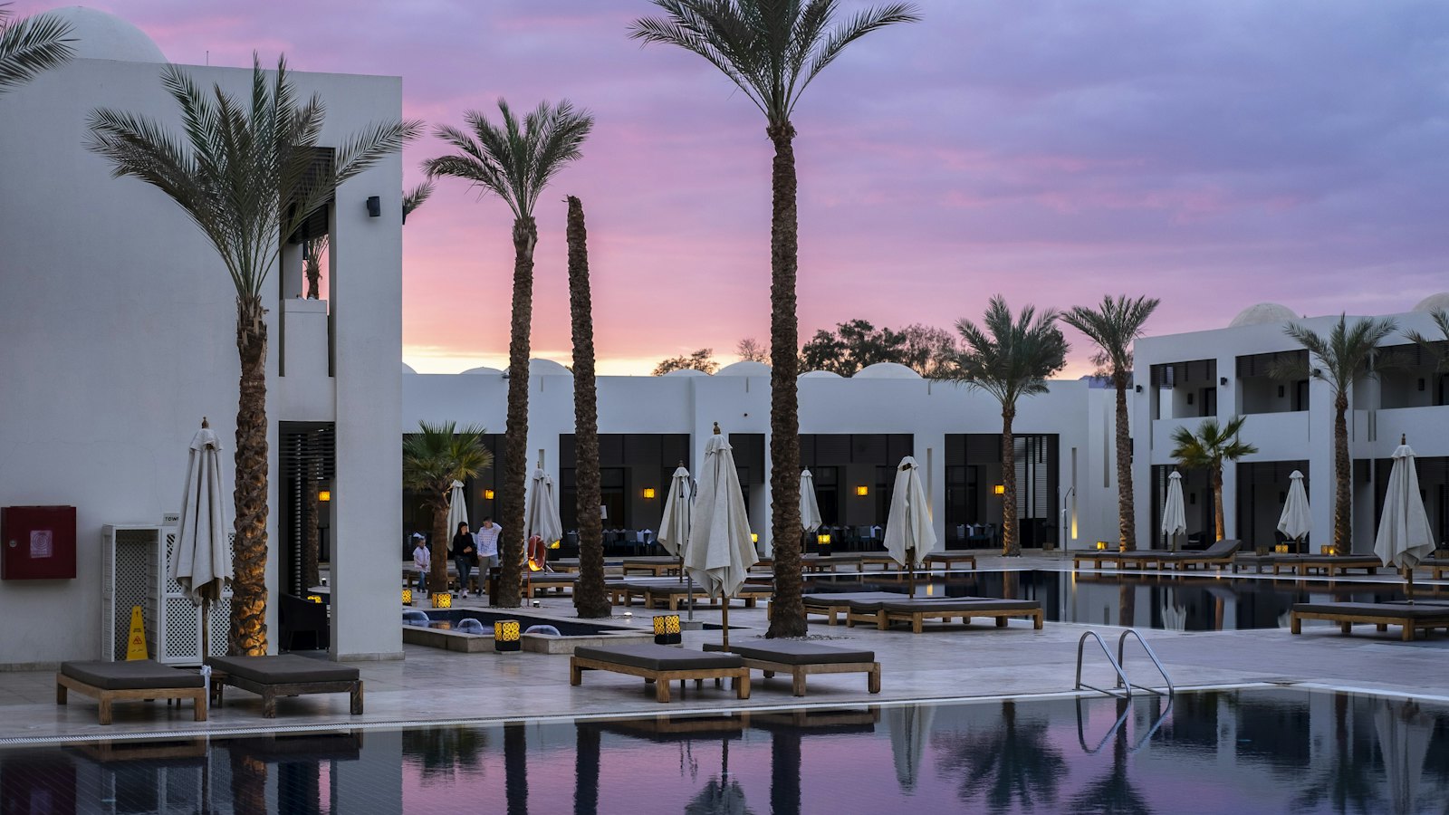Resort pool lined with palm trees under a pink sunset sky