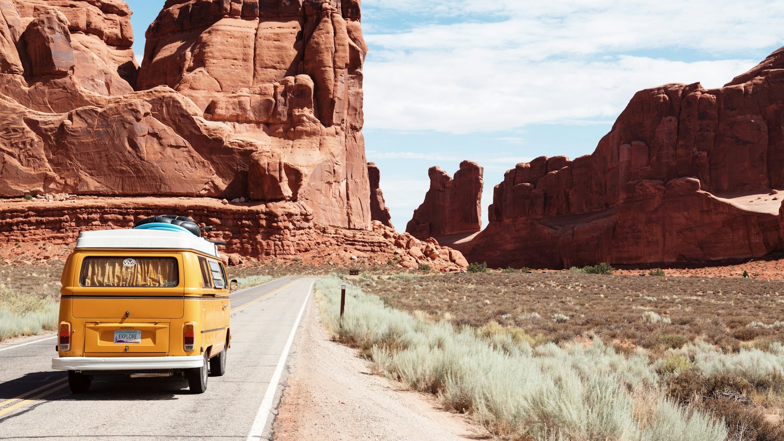 Yellow camper van on an open desert road between red rock formations