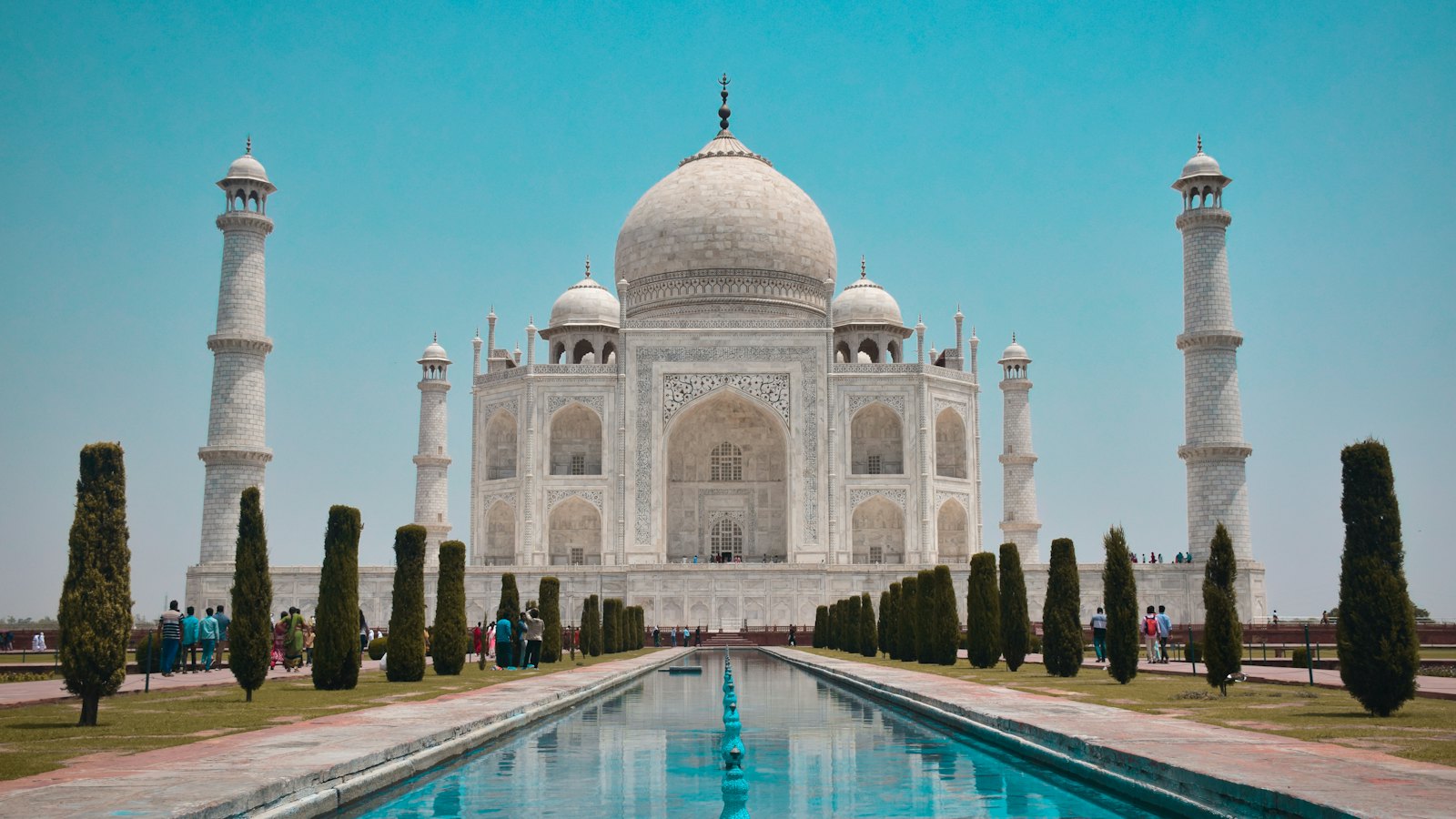 The Taj Mahal reflected in its long garden pool