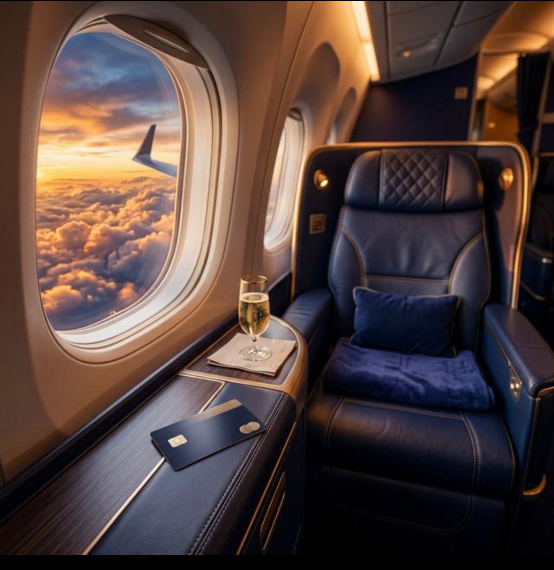 Business class cabin seat with champagne and window sunset view