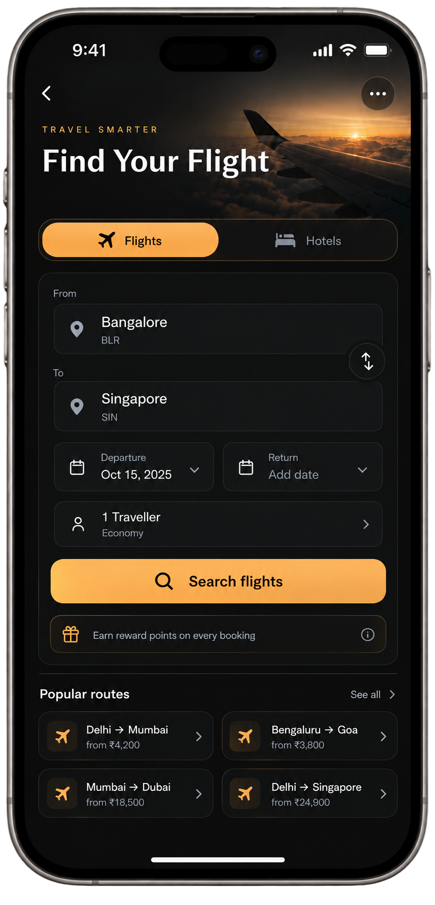 Find your flight screen
