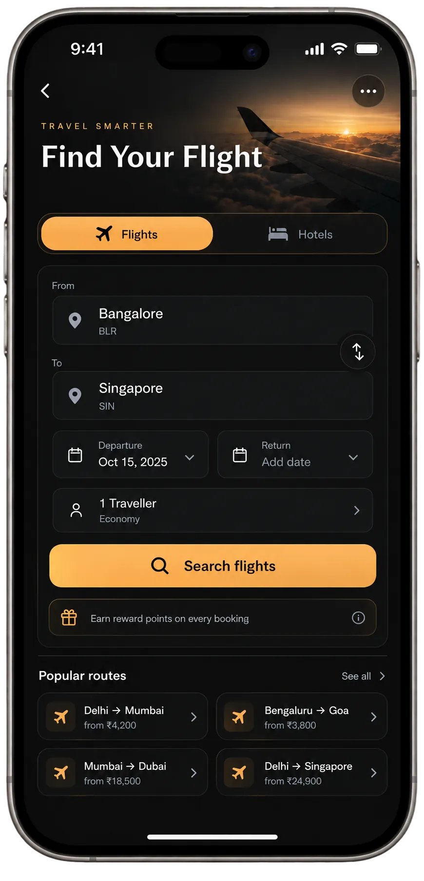 Find your flight screen